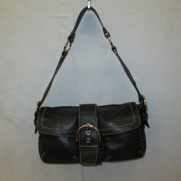 COACH SOHO 3653 SHOULDER BAG BLACK LEATHER W/ WHITE CONTRAST STITCHING - Picture 1 of 16